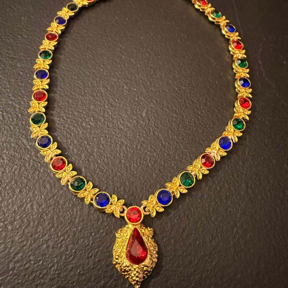 Vintage Mughal Style Necklace Multicolor Crystal Necklace Gold Tone 15"
